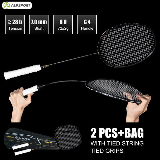 ALP XHP 2Pcs 100% Carbon Fiber Elastic 6U 72g 30Lbs Strung Racquet Offensive And Defensive Pro Badminton Racket With String Bag